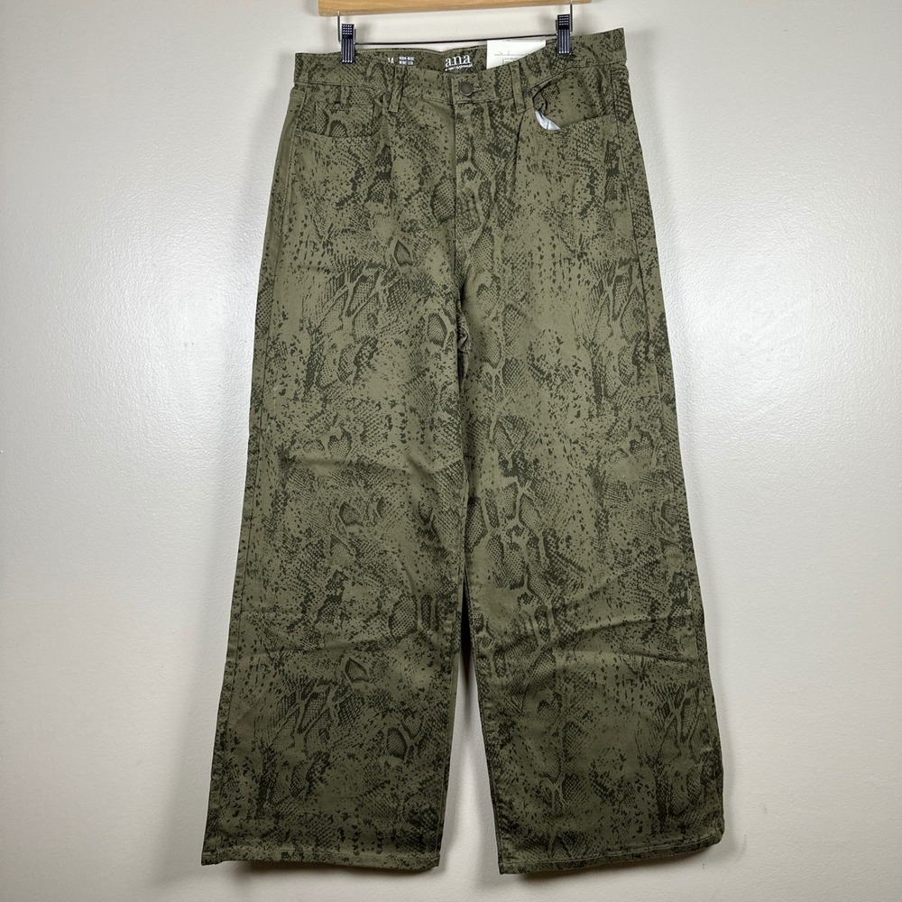 a.n.a Women's 14 Wide Leg Pants Olive Green Python Snake Print High-Rise NEW
